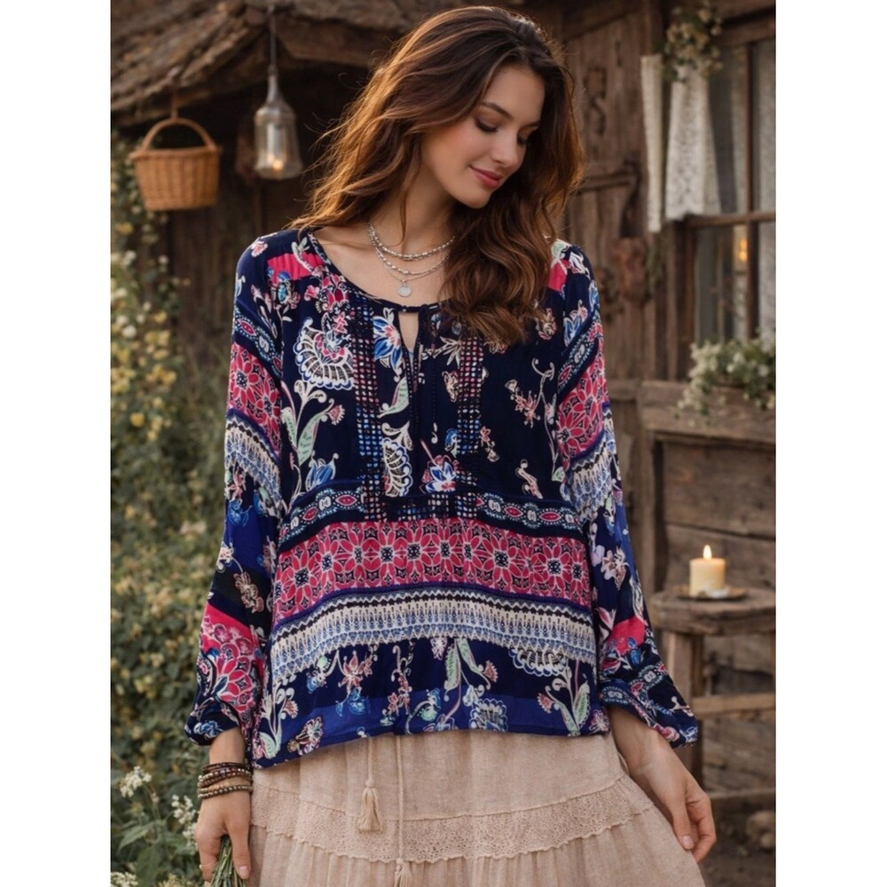 Zac & Rachel Boho Long Sleeve Floral Pattern Size Large Top